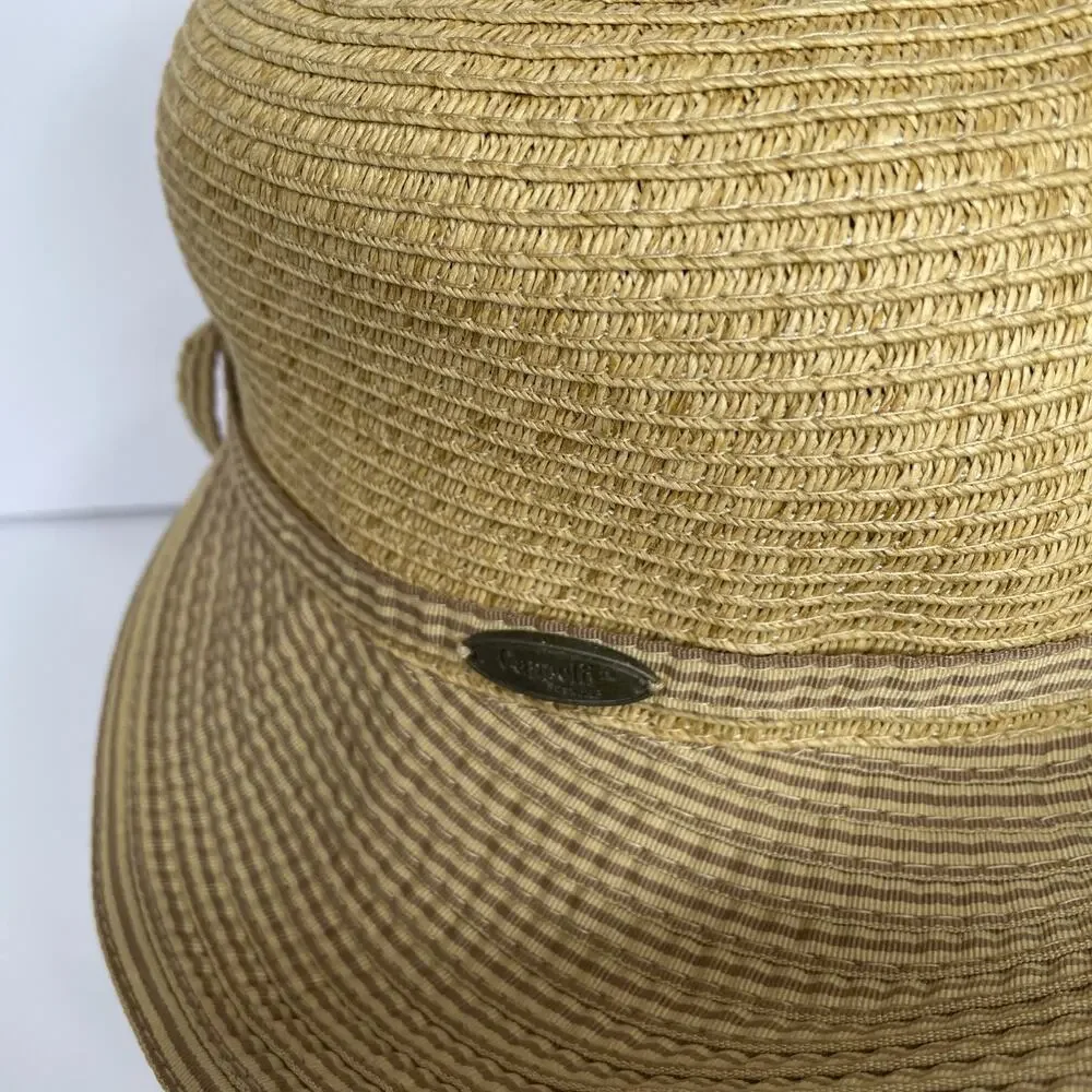 CAPPELLI Strawworld Women's Straw HAT with Striped Fabric Ribbon Detail BEIGE